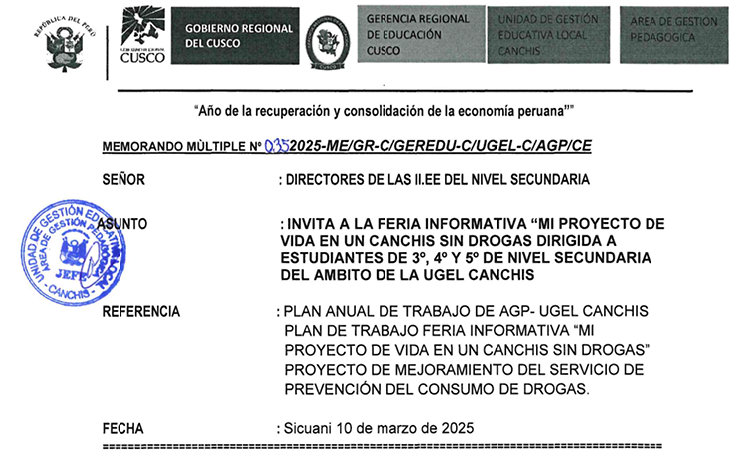  INVITA A LA FERIA INFORMATIVA “MI PROYECTO DE VIDA EN UN CANCHIS SIN DROGAS DIRIGIDA A ESTUDIANTES DE 3o, 4° Y 5° DE NIVEL SECUNDARIA DEL AMBITO DE LA UGEL CANCHIS
